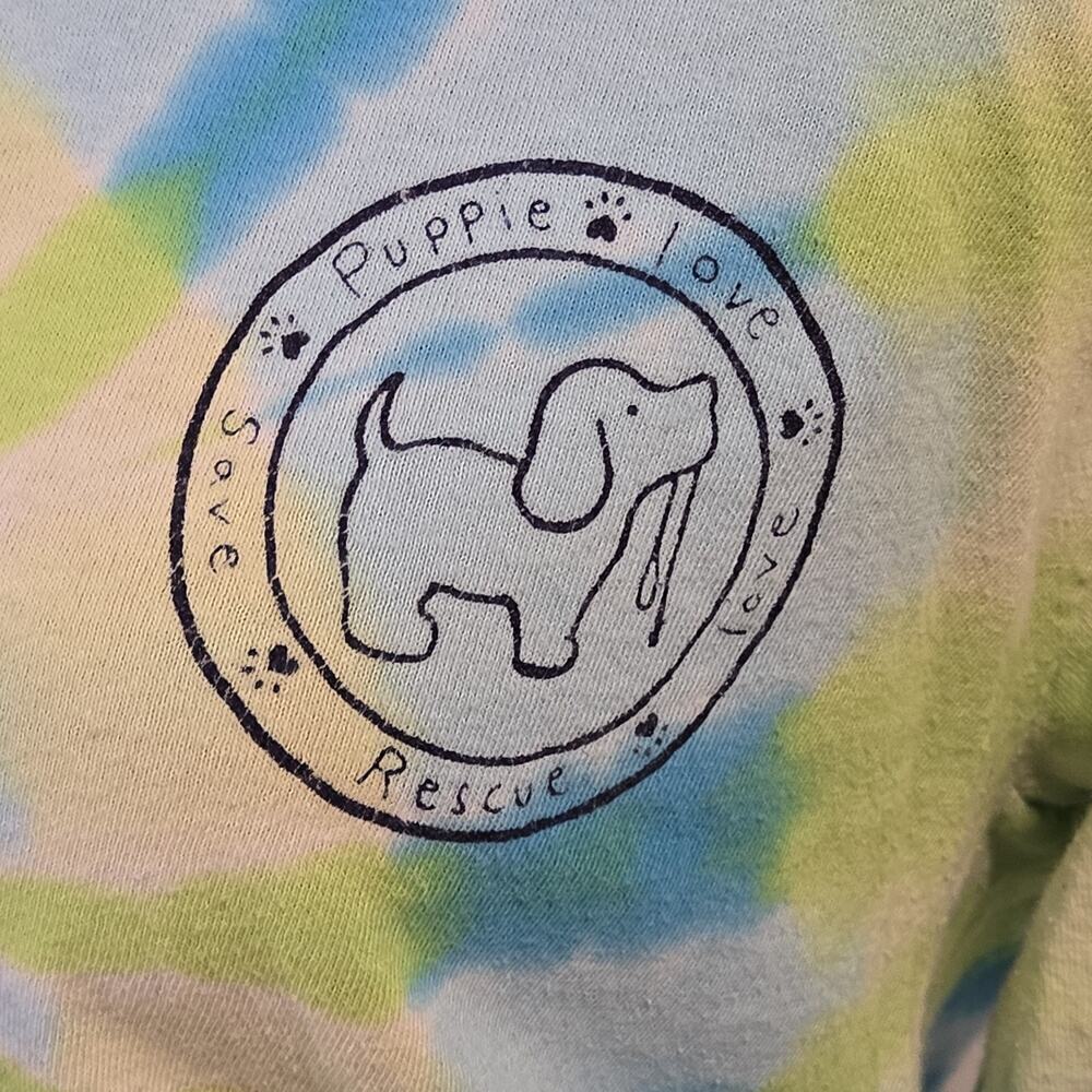 Puppy Love Size SMALL Blue Green Tie Dye Long Sleeve Logo Crew Neck Dog Hippie - Picture 3 of 7